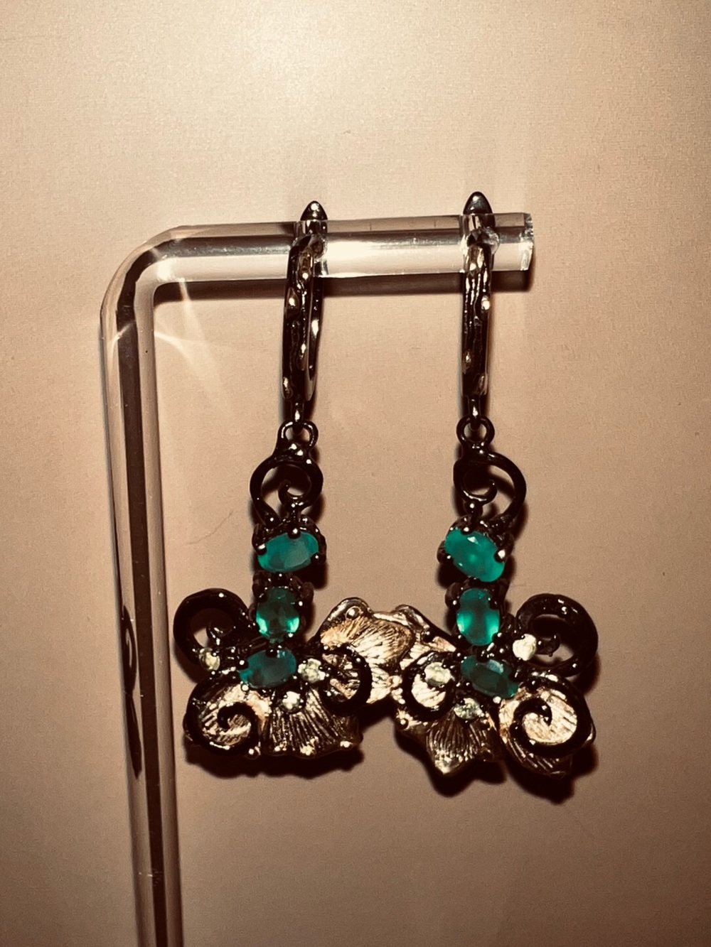 Sterling with gold vermi, green gemstone Floral Drop Earrings - Women's Jewelry